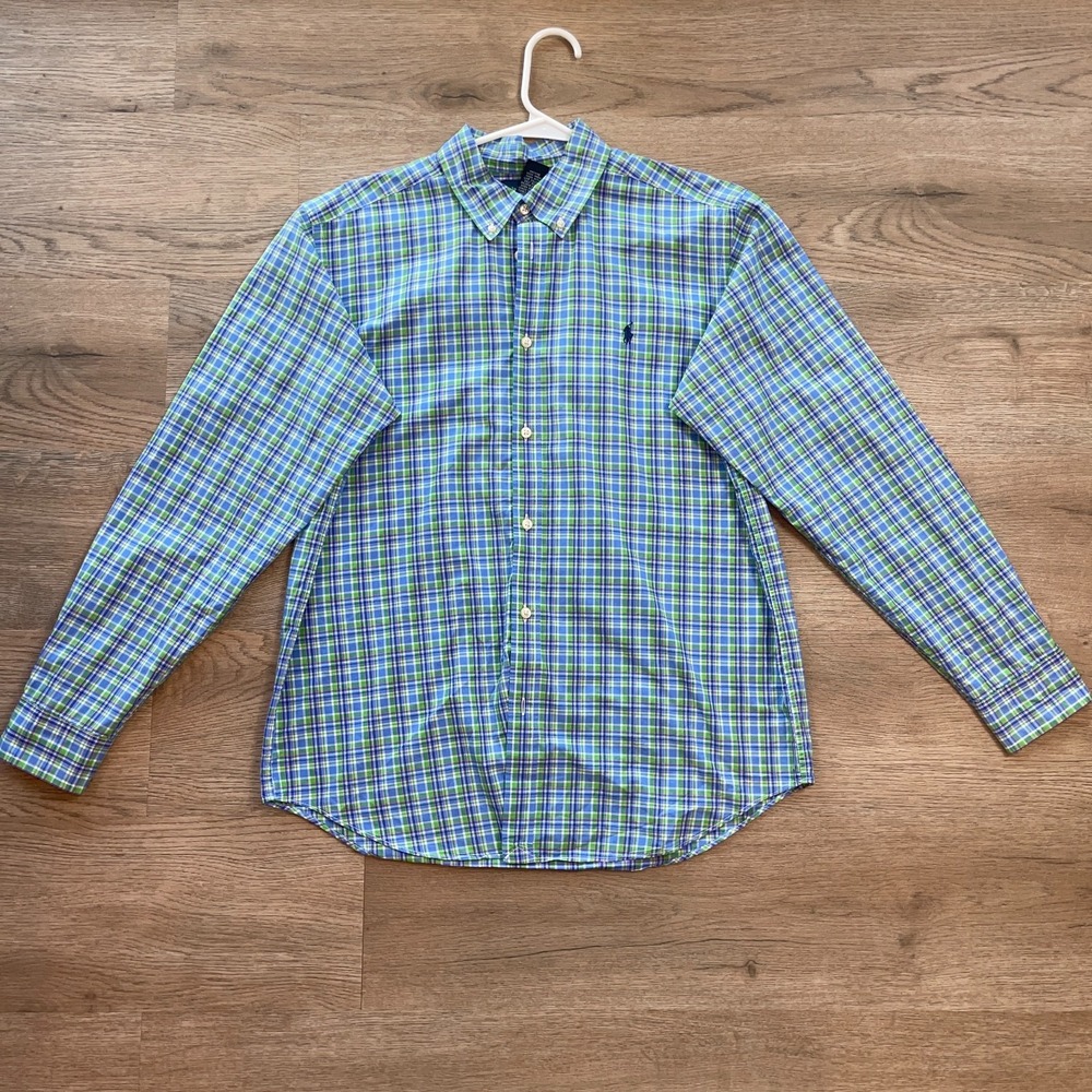 Ralph Lauren Boys XL 18-20 Plaid Button Down Shirt Blue Green Long Sleeve